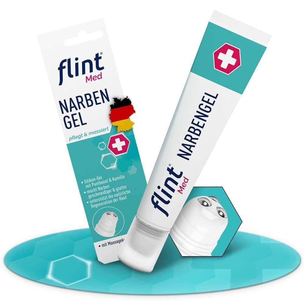 Produkt und Verpackung. Tube mit Massagekugelkopf. Text: flint® Med Narbengel. Mit Deutschlandflagge.