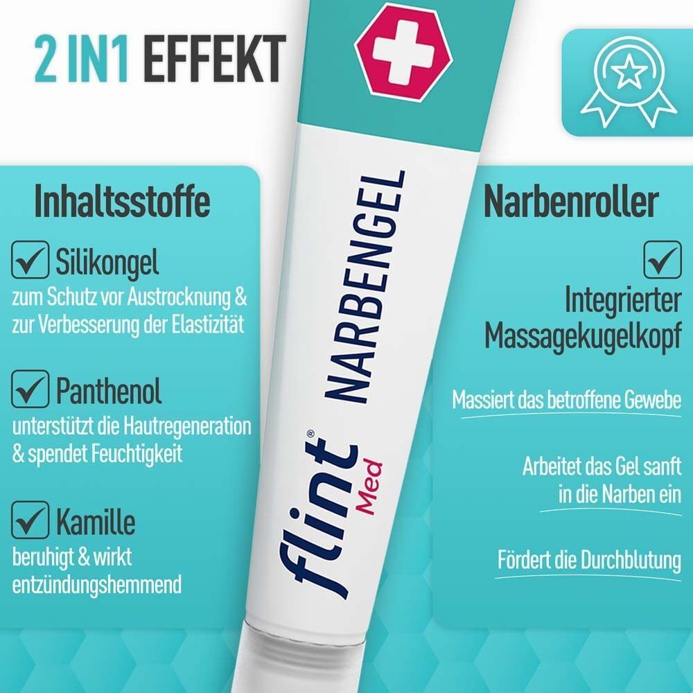 Nahaufnahme des Produkts. Text: flint® Med Narbengel. Mit Massagekugelkopf. 2in1 Effekt. Inhaltsstoffe und Vorteile.