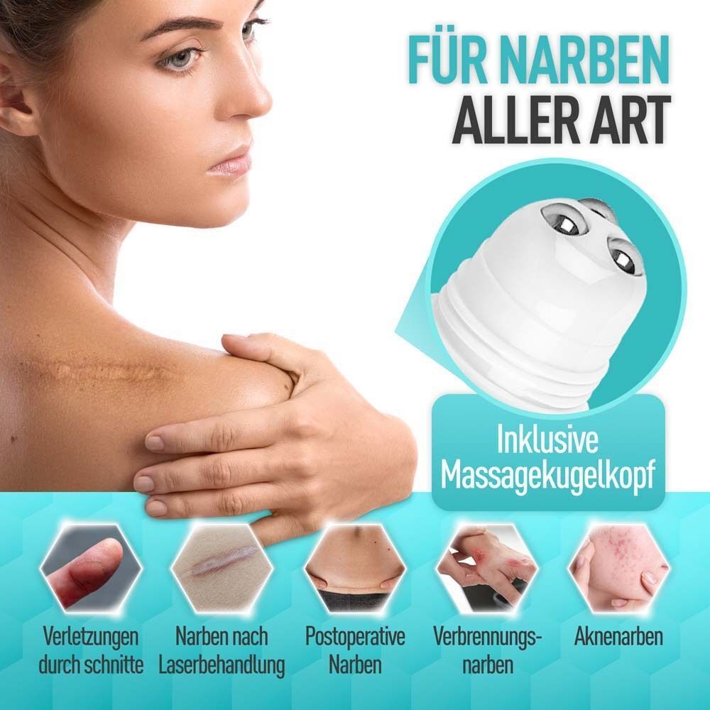 Frau mit Narbe am Arm. Massagekugelkopf. Text: Für Narben aller Art. Illustrationen von Narbenarten.