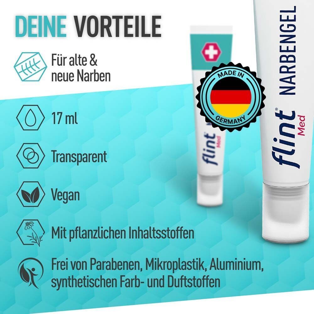 Zwei Tuben und ein Siegel. Text: flint® Med Narbengel. 17 ml. Transparent. Vegan. Made in Germany.