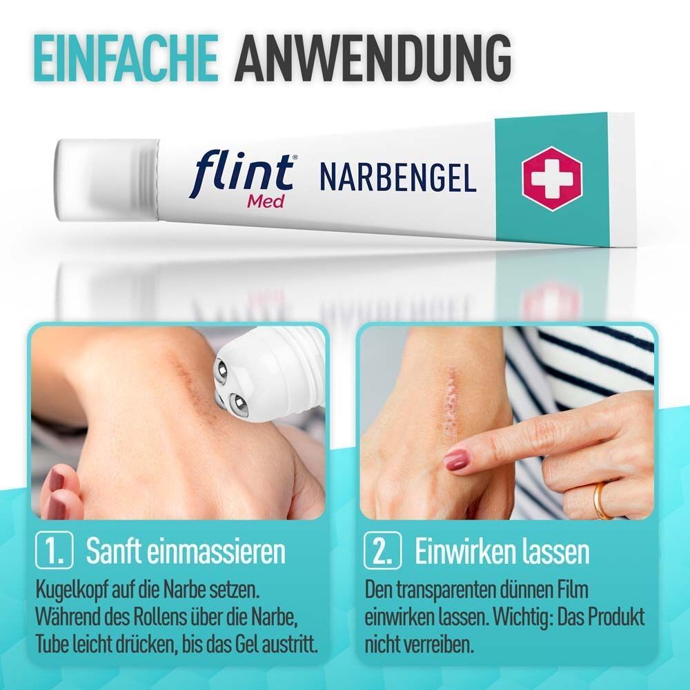 Anwendungsbeispiele. Text: flint® Med Narbengel. Frau massiert Narbe mit Kugelkopf. Anwendungsschritte.