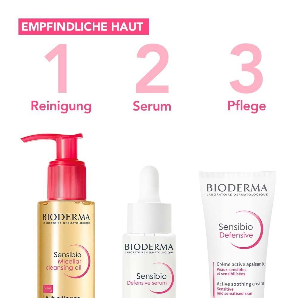 Drei Produkte: BIODERMA Sensibio Mizellenreinigungsöl, Serum und Creme. Beschriftung: EMPFINDLICHE HAUT.