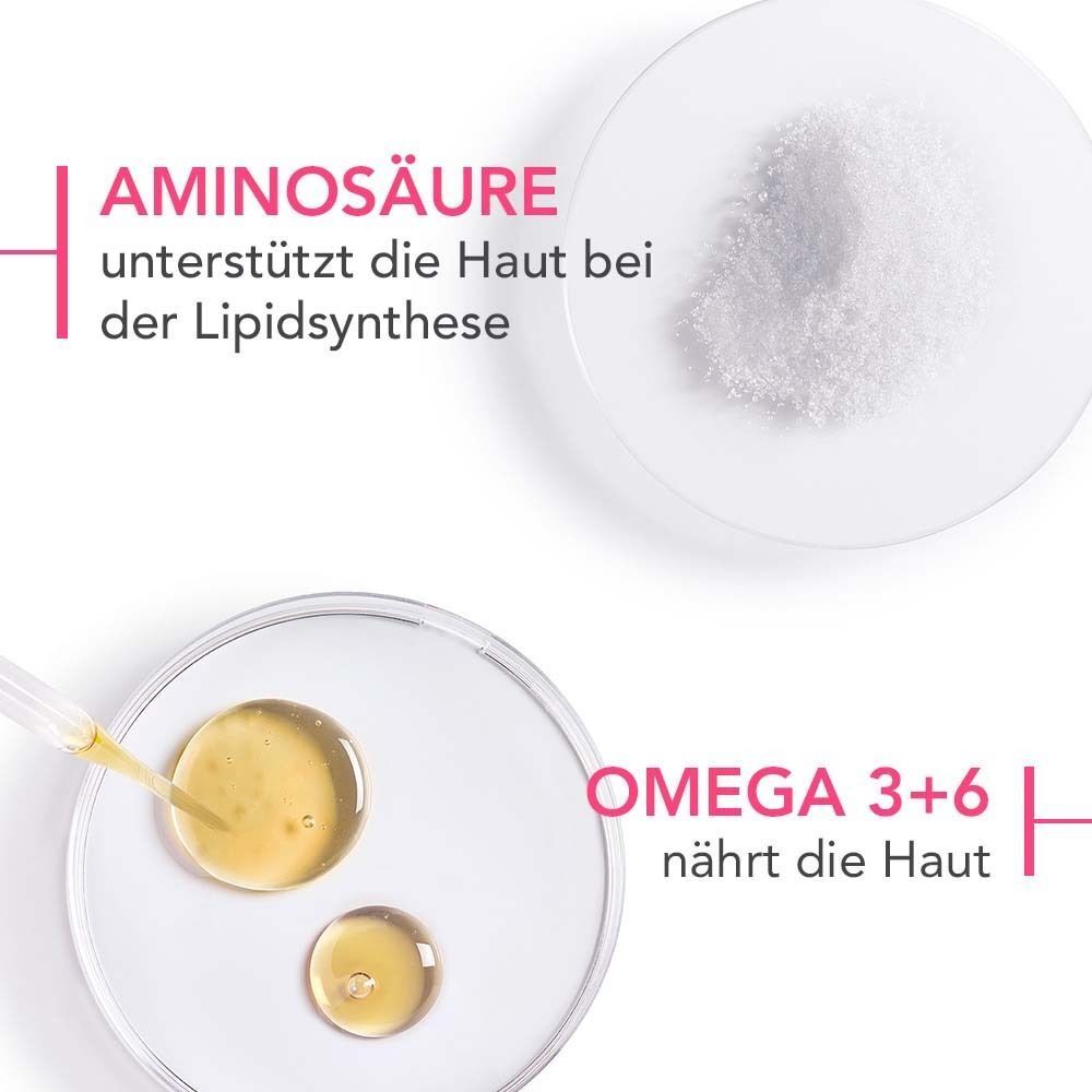 Zwei Schalen mit Flüssigkeiten. Text: AMINOSÄURE, OMEGA 3+6. Pipette.