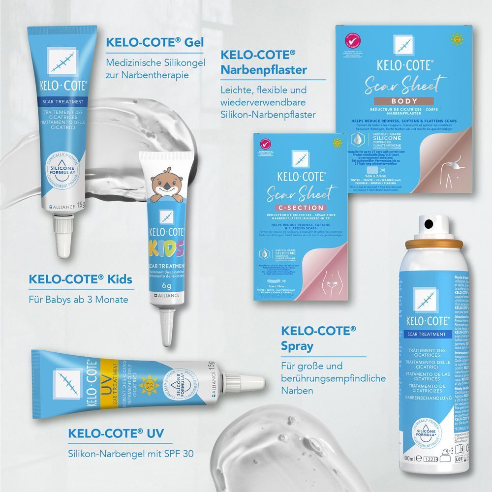 Verschiedene KELO-COTE® Produkte. Gele, Spray, Pflaster und UV-Gel. Verschiedene Verpackungen und Größen.