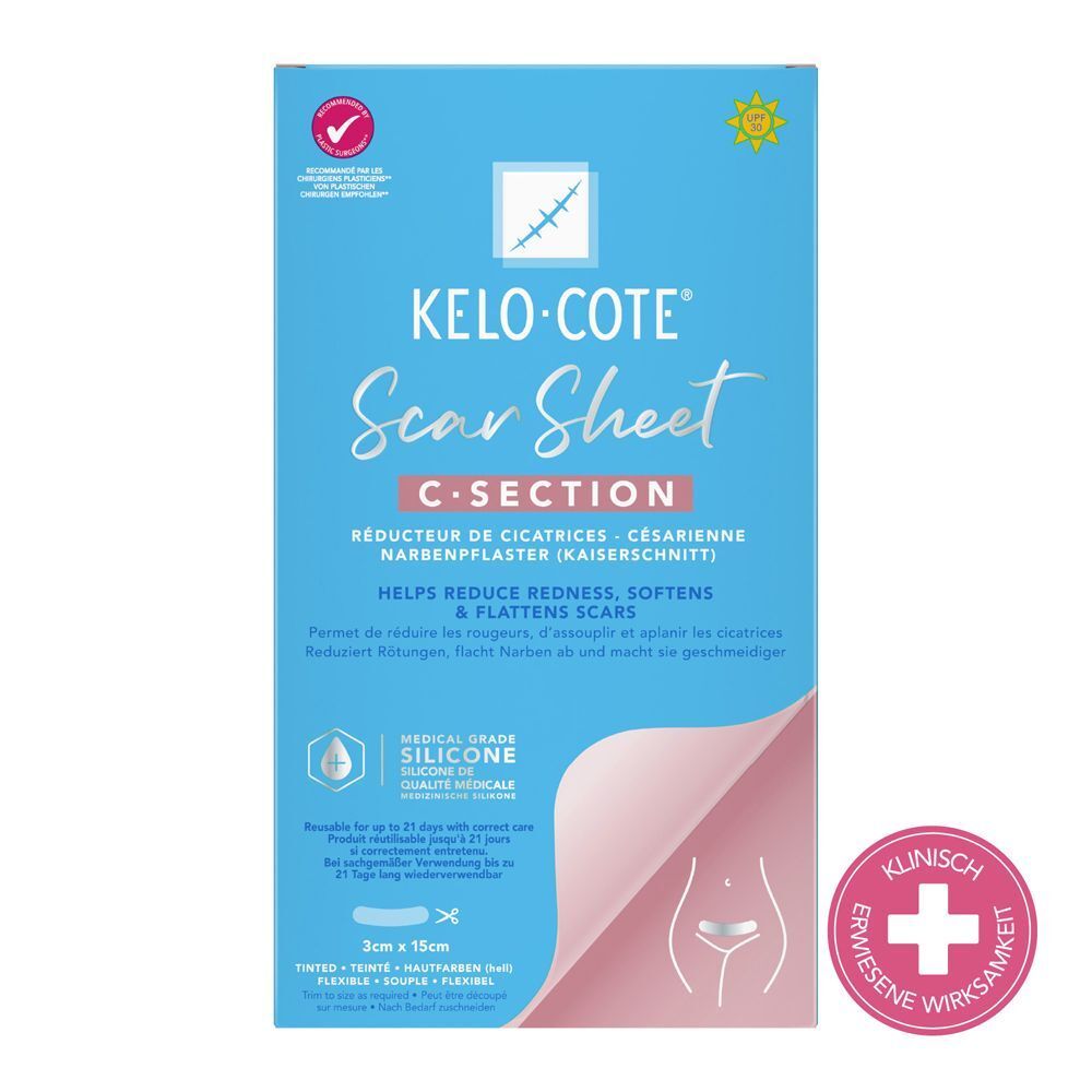 KELO-COTE® Scar Sheet C-Section Verpackung. Blaue Verpackung mit Produktnamen, Illustration und Zertifizierungen.