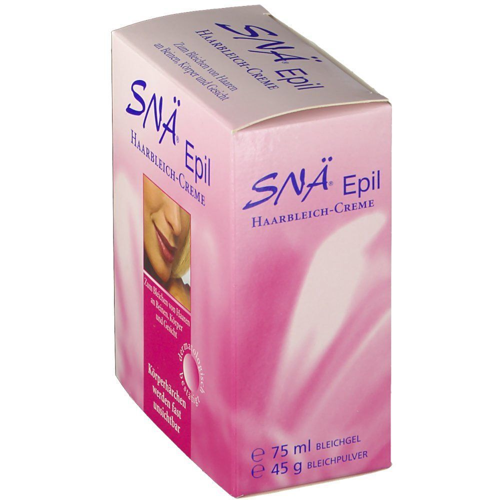 SNÄ Epil Haarbleich-Creme Packung. Rosa und weißer Karton mit Produktnamen und Abbildung eines Gesichts. Text: Körperhärchen werden fast unsichtbar. 75 ml Bleichgel, 45 g Bleichpulver.