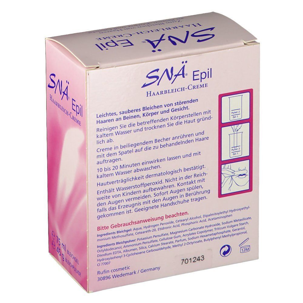 Rückseite der SNÄ Epil Haarbleich-Creme Packung. Text und Anweisungen in deutscher Sprache. Enthält Inhaltsstoffe und Herstellerinformationen. Abbildungen zur Anwendung.