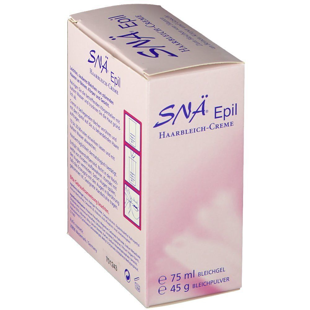 SNÄ Epil Haarbleich-Creme Packung. Rosa und weißer Karton mit Produktnamen und Abbildung eines Gesichts. Text: Körperhärchen werden fast unsichtbar. 75 ml Bleichgel, 45 g Bleichpulver.