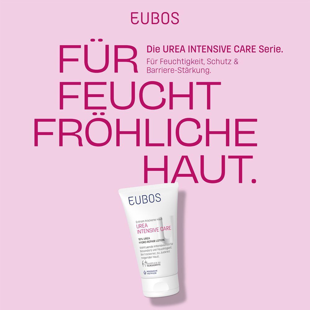 Rosa Hintergrund mit Text: Für feucht-fröhliche Haut. Eine Tube EUBOS Urea Intensive Care.