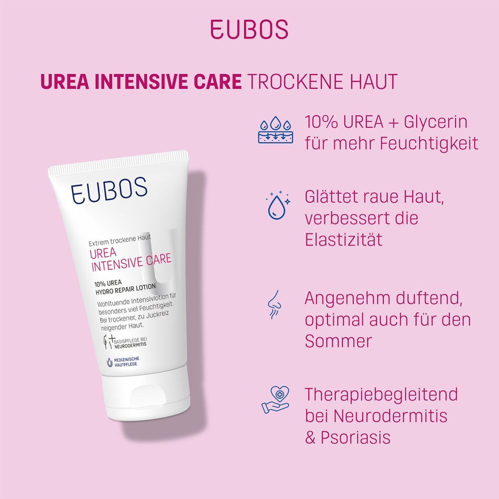 Eine Tube EUBOS Urea Intensive Care. Text: 10% Urea + Glycerin, glättet raue Haut, angenehm duftend.