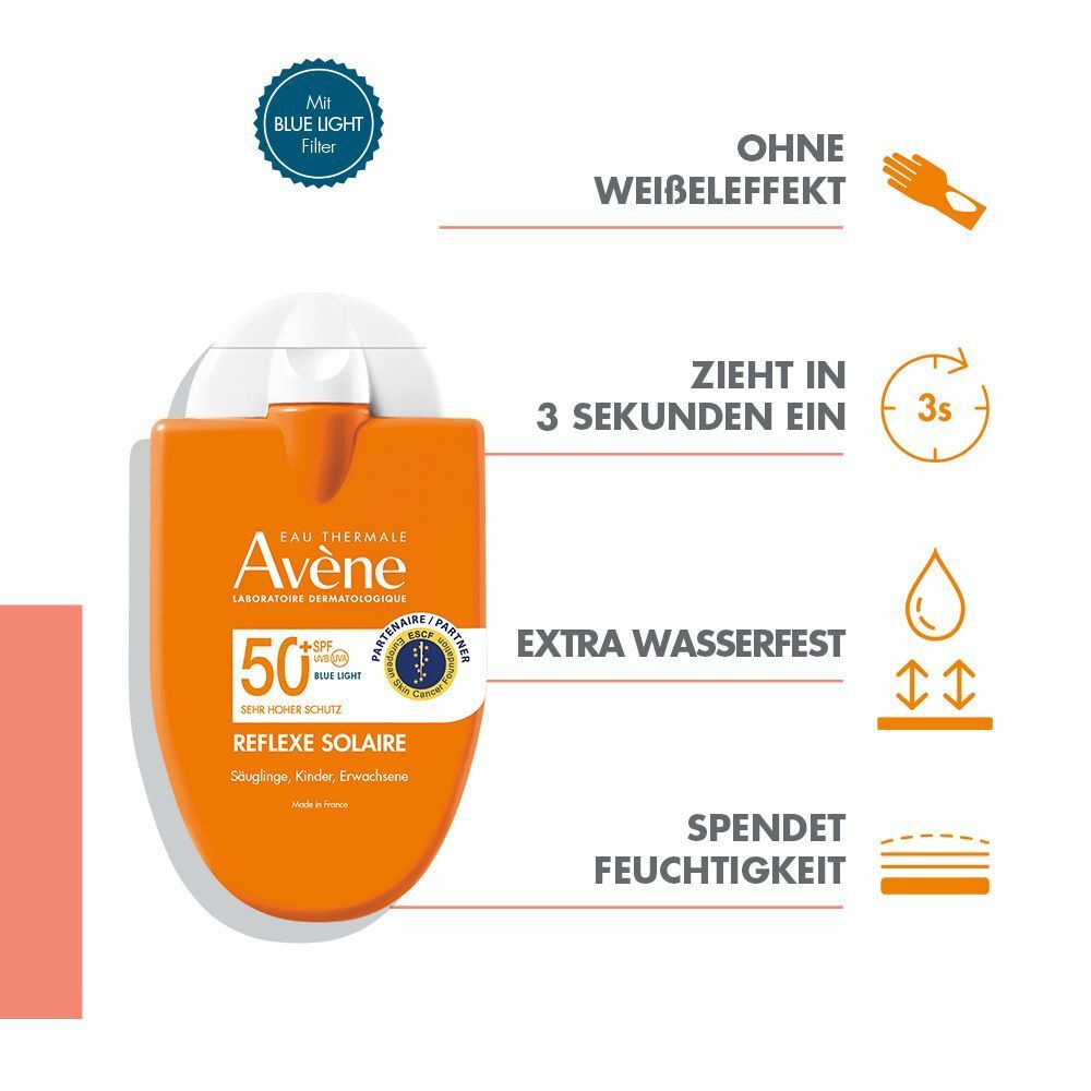 Orangefarbene Flasche Avène Réflexe Solaire LSF 50+. Text: Extra wasserfest, zieht in 3 Sekunden ein, spendet Feuchtigkeit.