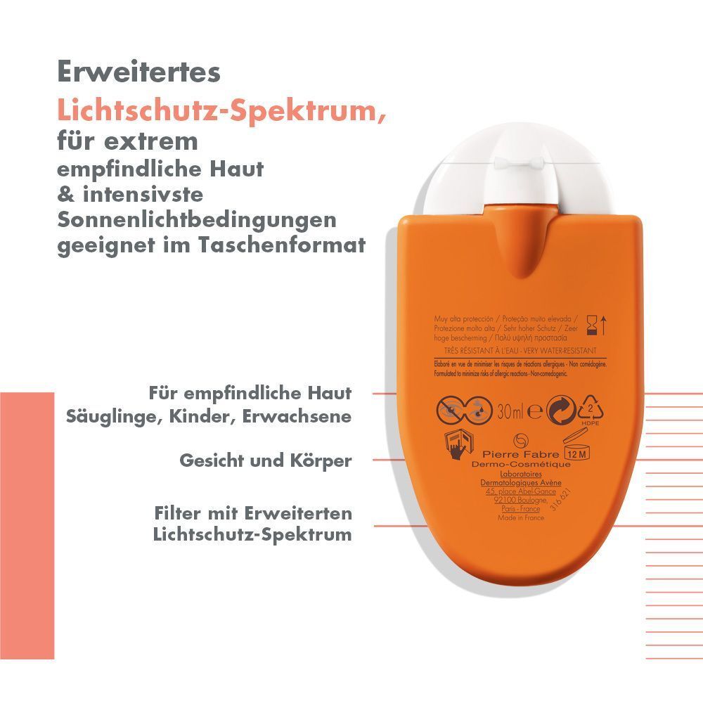 Rückseite einer orangefarbenen Flasche Avène Réflexe Solaire. Text: Für empfindliche Haut, Gesicht und Körper, 30ml.
