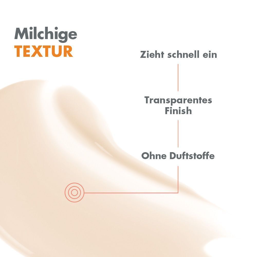 Nahaufnahme einer milchigen Textur. Text: Zieht schnell ein, transparentes Finish, ohne Duftstoffe.