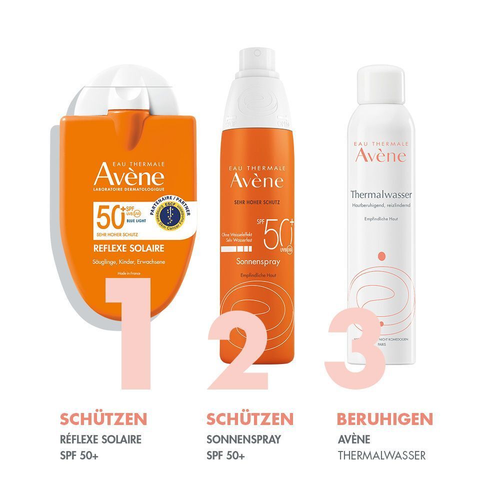Drei Avène-Produkte: Réflexe Solaire SPF 50+, Sonnenspray SPF 50+, Thermalwasser. Beschriftung: Schützen, Schützen, Beruhigen.