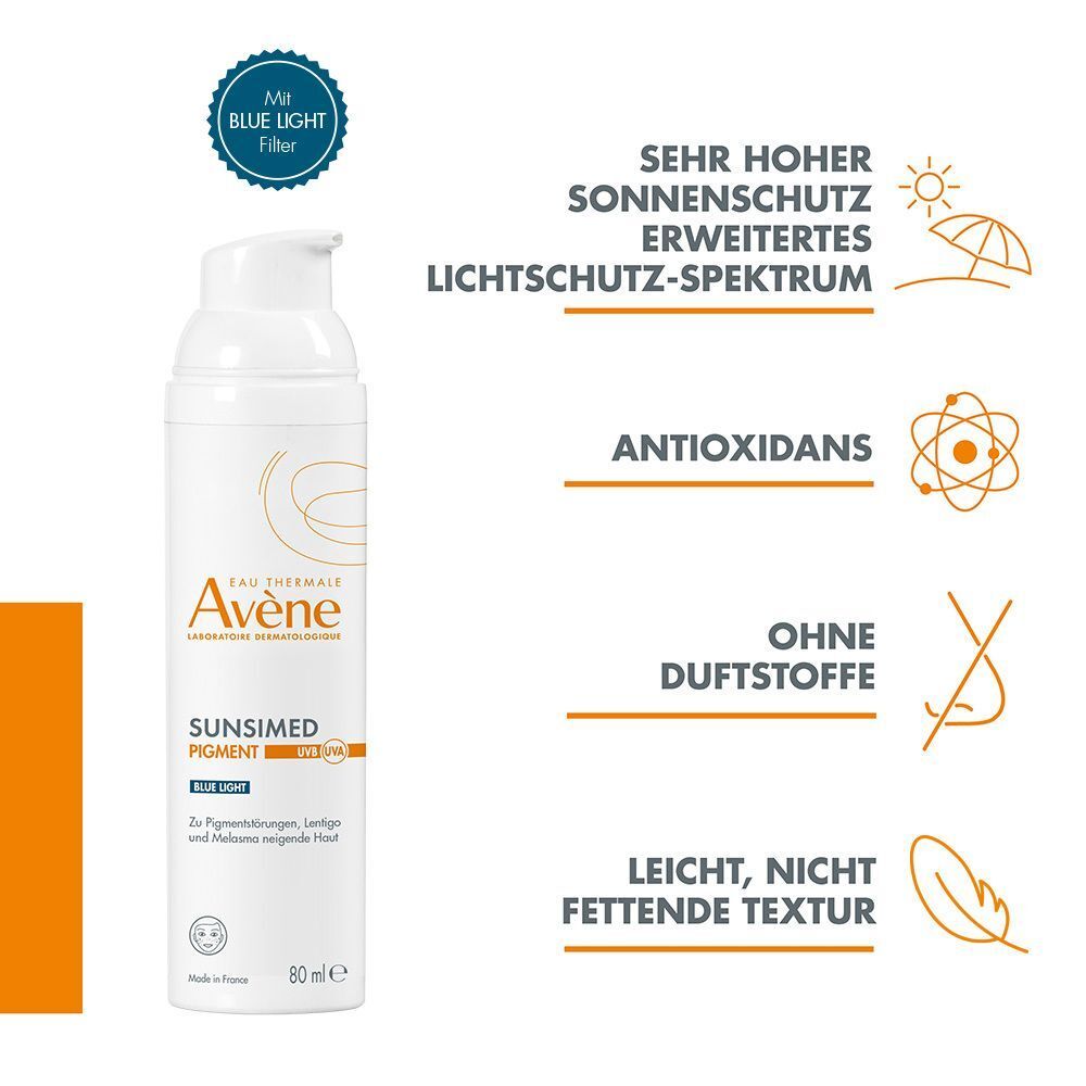 Weiße Flasche mit AVENE SUNSIMED PIGMENT. Text: Blue Light, 80 ml. Grafiken: Sehr hoher Sonnenschutz, Antioxidans, ohne Duftstoffe, leichte Textur.