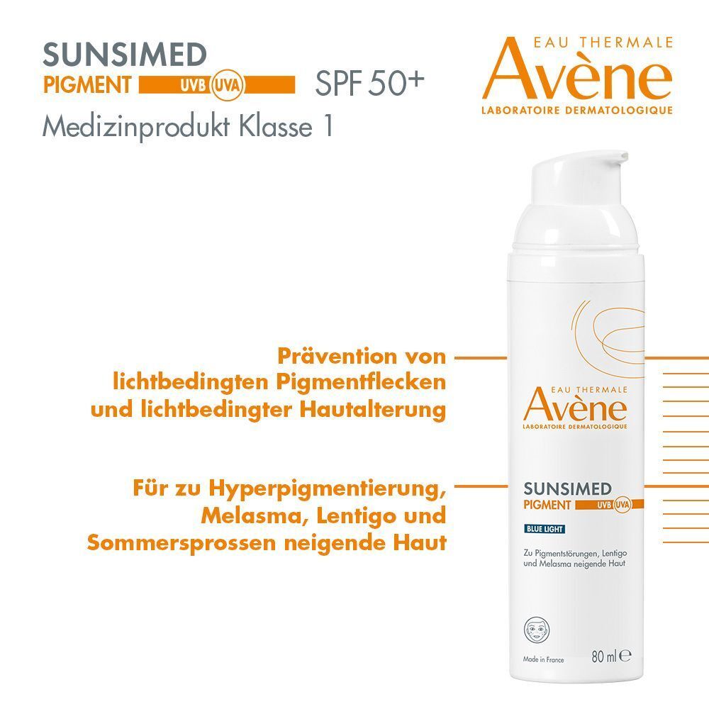 Weiße Flasche AVENE SUNSIMED PIGMENT. Text: SPF 50+, Medizinprodukt Klasse 1. Grafiken: Prävention von Pigmentflecken und Hautalterung.