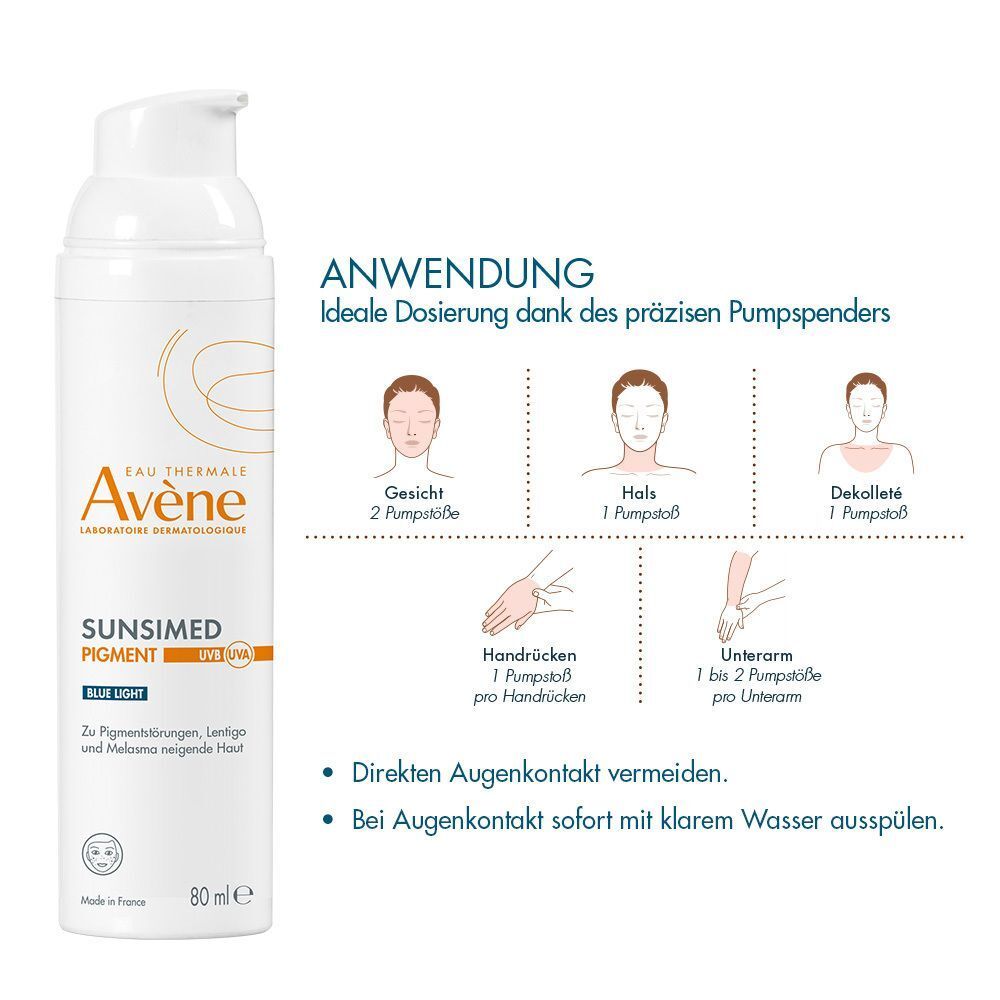 Weiße Flasche AVENE SUNSIMED PIGMENT. Text: Blue Light, 80 ml. Grafiken: Anwendungshinweise für Gesicht, Hals, Dekolleté, Hände, Unterarm.