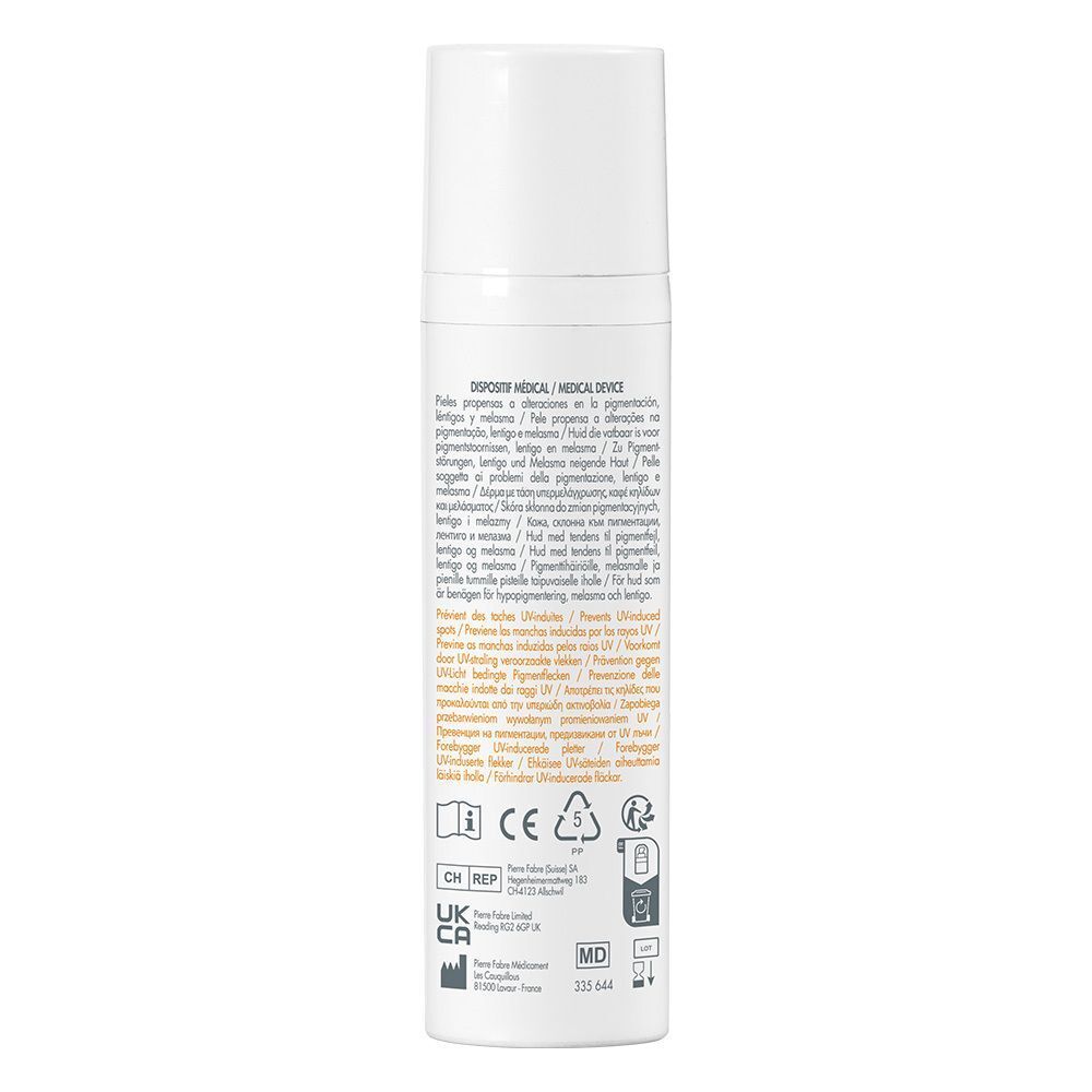 Rückseite der Flasche AVENE SUNSIMED PIGMENT. Text: Medizinprodukt, Inhaltsstoffe, CE-Kennzeichnung, UKCA-Kennzeichnung, MD-Symbol.