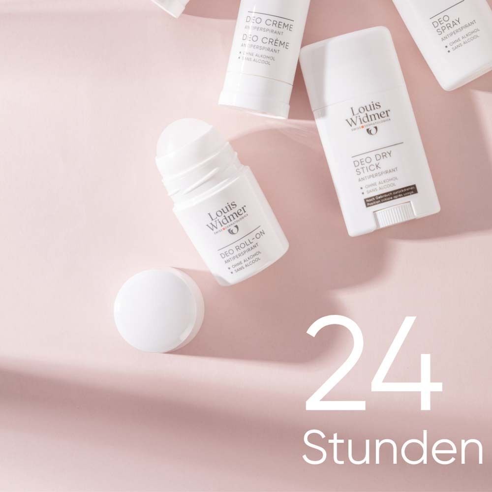 Deo Roll-on und weitere Produkte auf rosa Hintergrund. Aufschrift: Louis Widmer, Deo Roll-on.