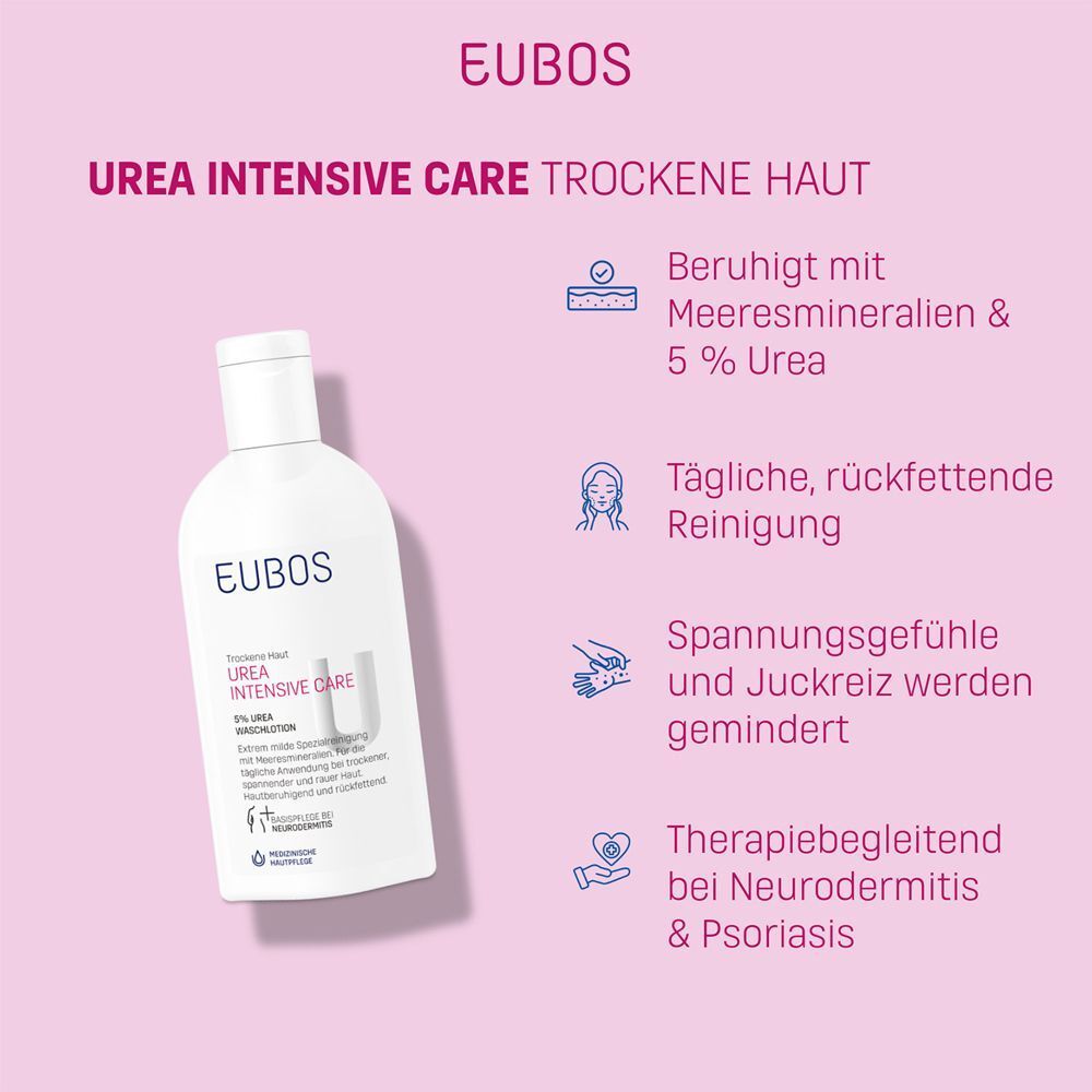 EUBOS Urea Intensive Care Waschlotion. Flasche auf rosa Hintergrund. Text: Beruhigt mit Meeresmineralien & 5% Urea.