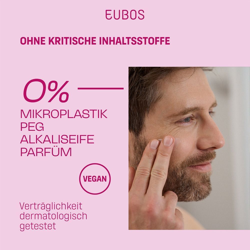 Mann mit Gesicht. Text: Ohne kritische Inhaltsstoffe. 0% Mikroplastik, PEG, Alkaliseife, Parfum. Vegan.