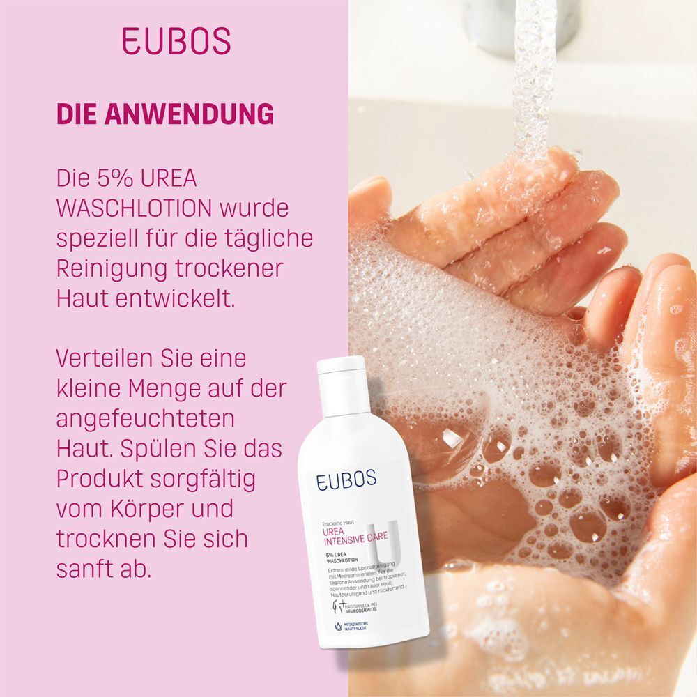 Hände waschen mit EUBOS Urea Intensive Care Waschlotion. Flasche und Schaum sichtbar.