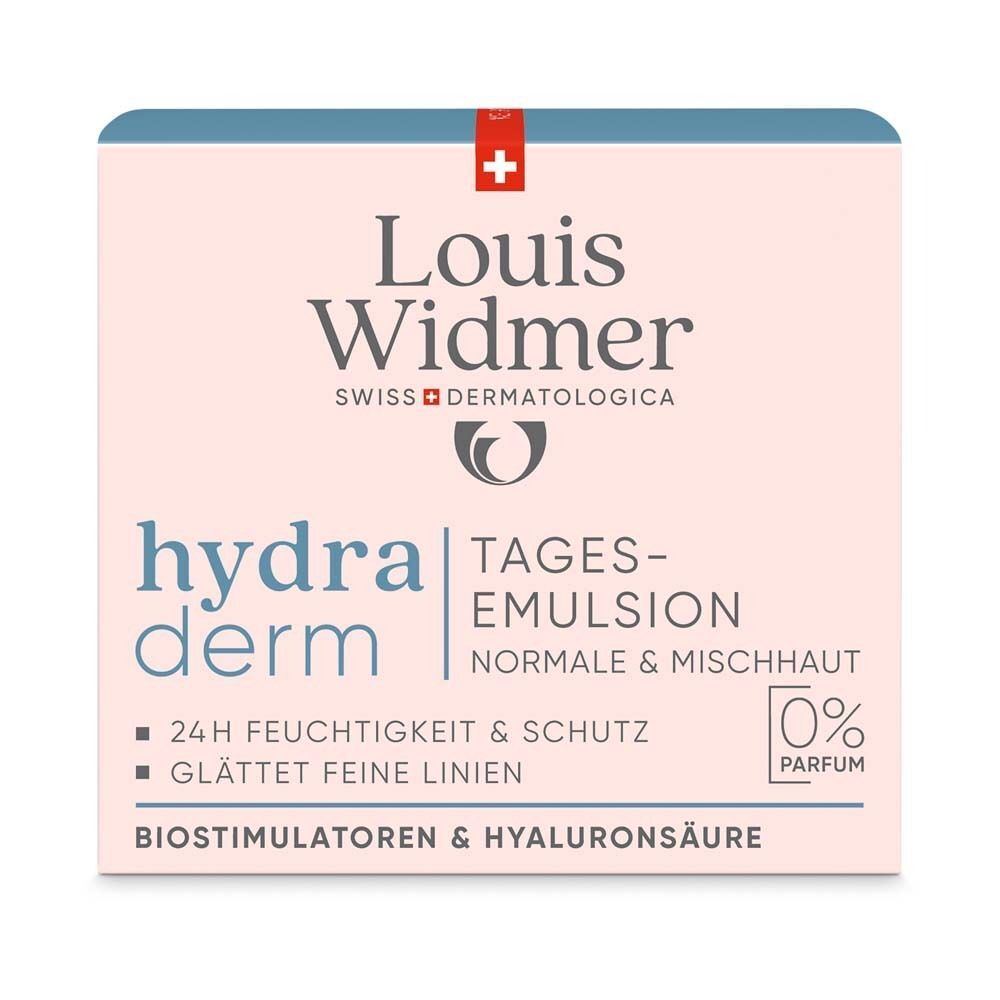 Produktverpackung mit Logo Louis Widmer. Aufschrift: hydra derm, Tagesemulsion, normale & Mischhaut. 0% Parfum. 24h Feuchtigkeit & Schutz.