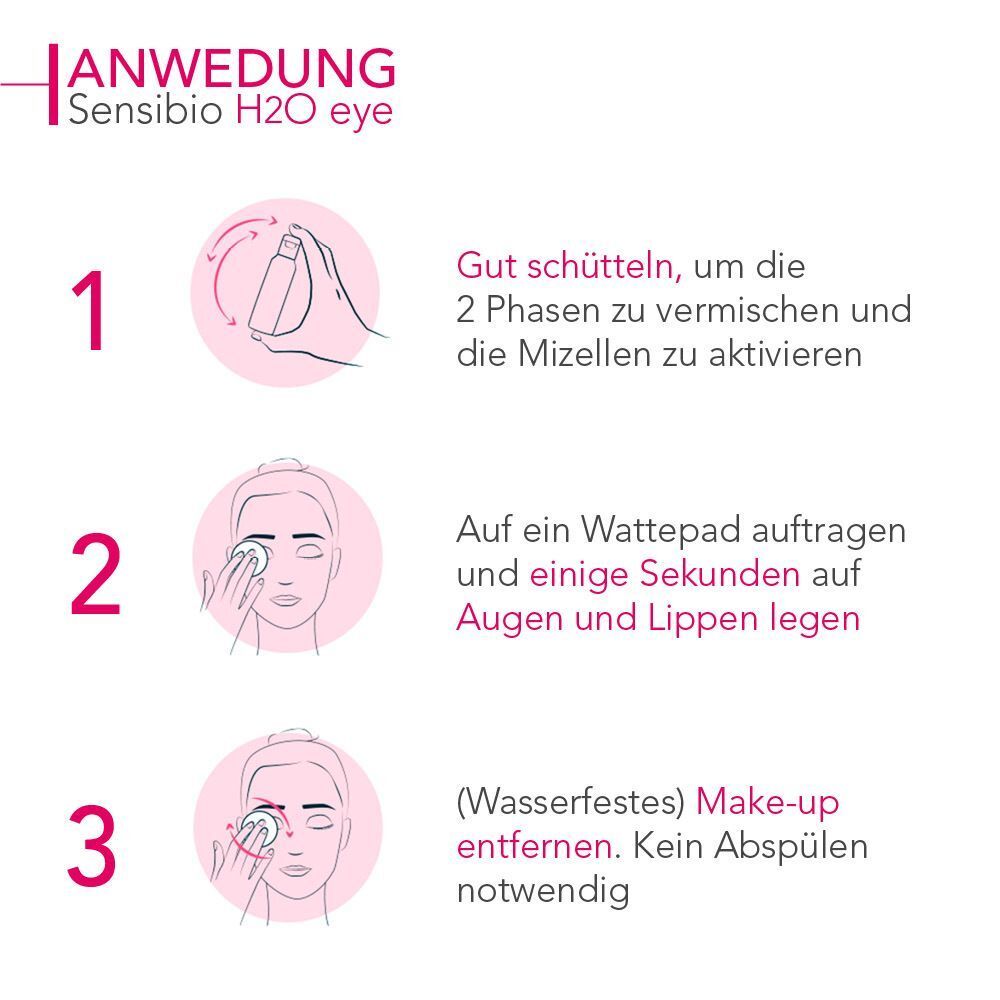 Anwendungsschritte für BIODERMA Sensibio H2O eye. 3 Schritte: Schütteln, Auftragen auf Wattepad, Make-up entfernen.