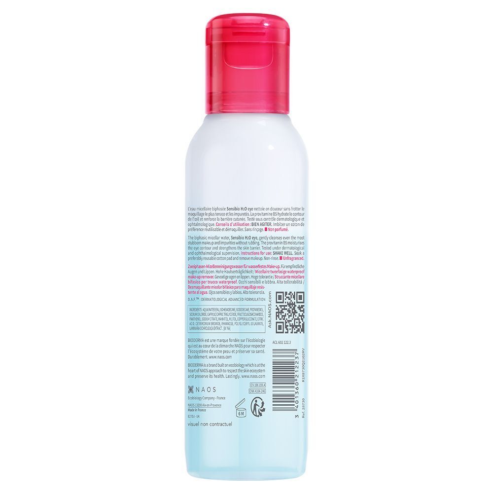 BIODERMA Sensibio H2O eye Flasche. Rückseite mit Text und QR-Code. Rosa Deckel, weiße Flasche.