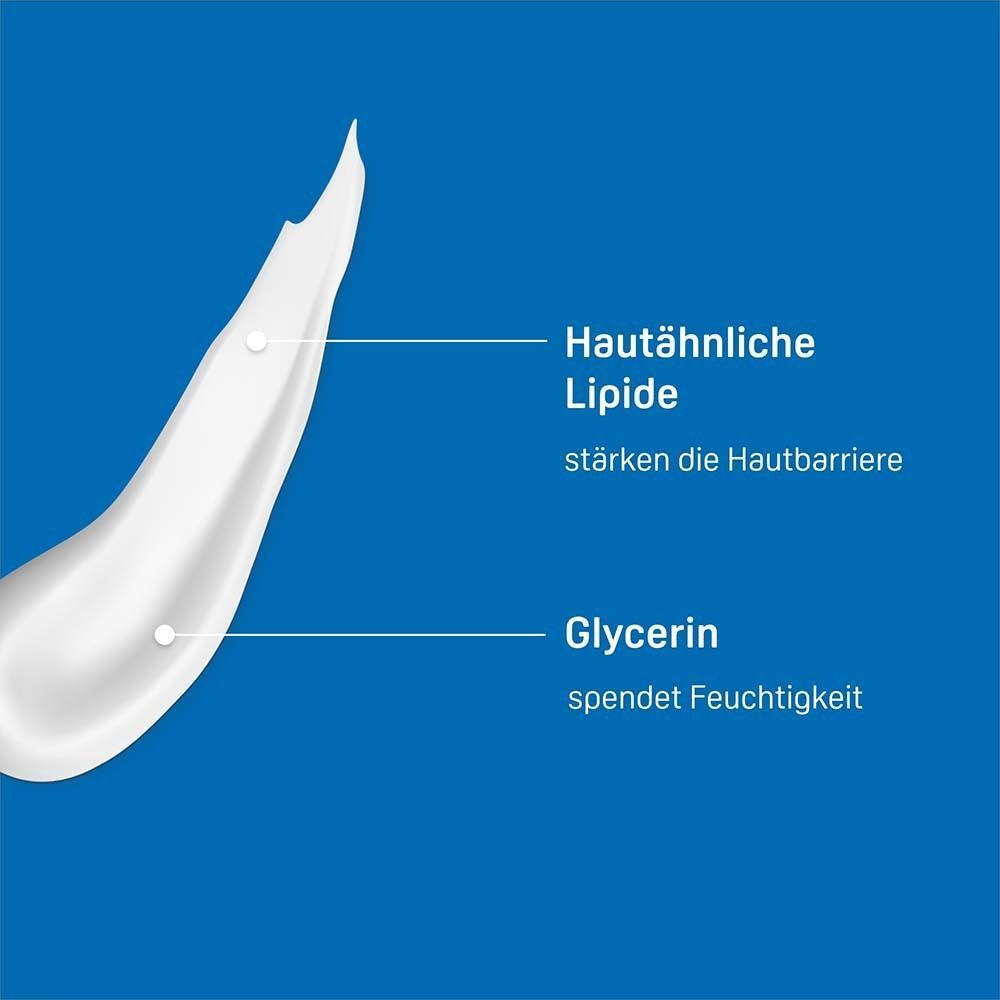 Nahaufnahme von Creme. Text: Hautähnliche Lipide stärken die Hautbarriere. Glycerin spendet Feuchtigkeit. Hintergrund blau.