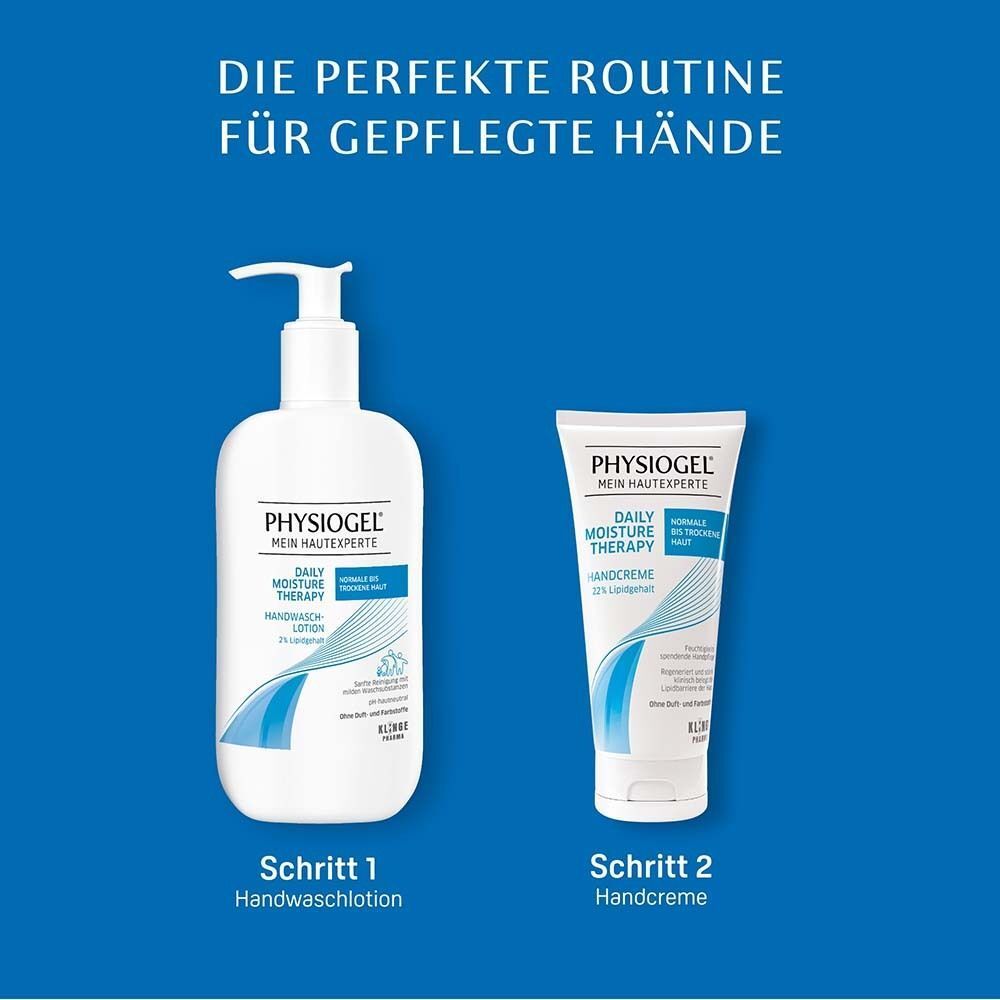 Handwaschlotion und Handcreme. Text: Die perfekte Routine für gepflegte Hände. Schritte 1 und 2.