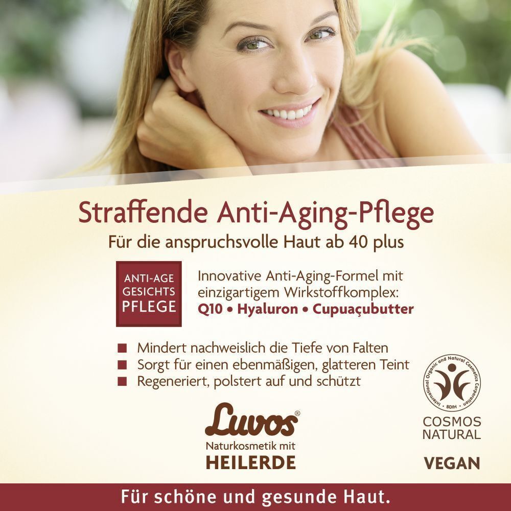Werbung für Luvos Anti-Age Pflege. Frau lächelt. Text: Straffende Anti-Aging-Pflege. Vegan. Cosmos Natural Siegel. Ab 40 plus.