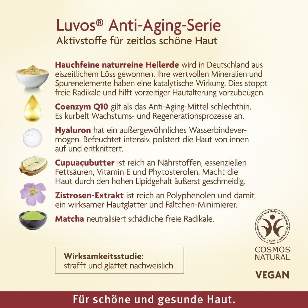 Luvos Anti-Aging-Serie. Inhaltsstoffe: Heilerde, Coenzym Q10, Hyaluron, Cupuaçubutter, Zistrosen-Extrakt, Matcha. Vegan.
