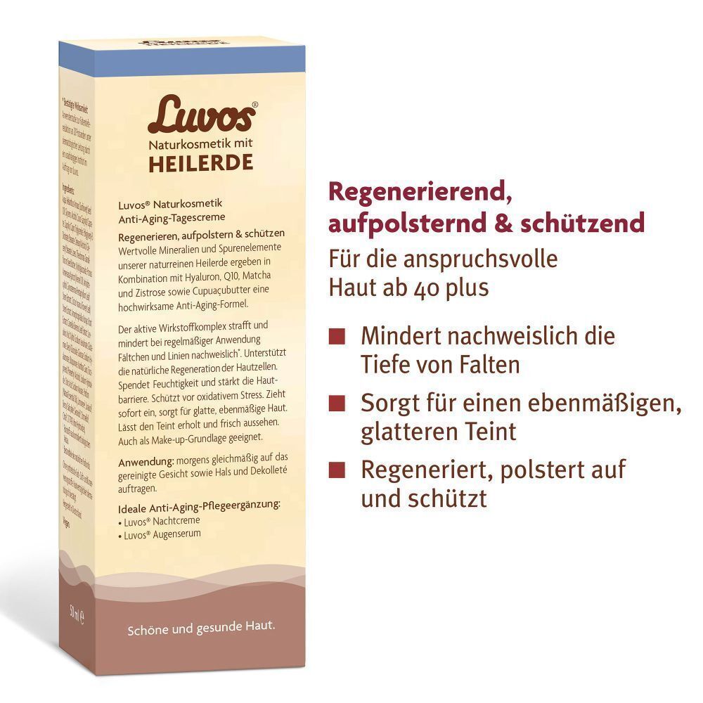Luvos Anti-Age Tagescreme. Text: Regenerierend, aufpolsternd & schützend. Für anspruchsvolle Haut ab 40 plus. Vegan.