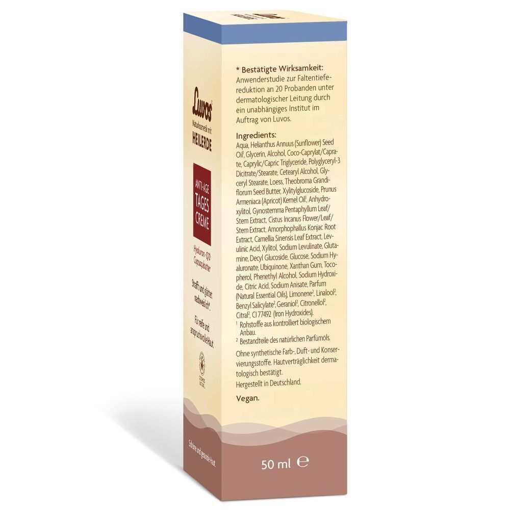 Luvos Anti-Age Tagescreme. Text auf der Verpackung. Inhaltsstoffe. 50 ml e. Vegan. Ohne synthetische Farb- Duft- und Konservierungsstoffe.