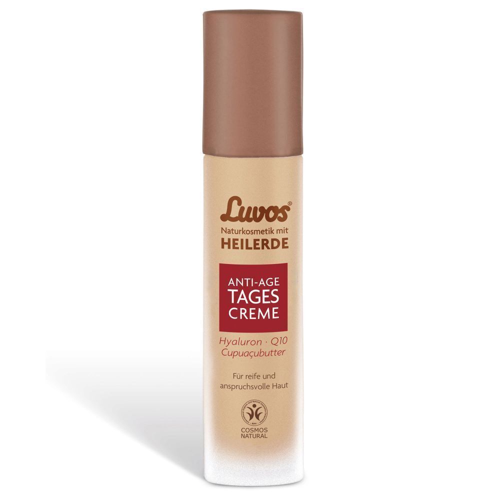 Luvos Anti-Age Tagescreme. Creme-Tube. Logo und Produktinformationen. Für reife und anspruchsvolle Haut. Cosmos Natural Siegel.