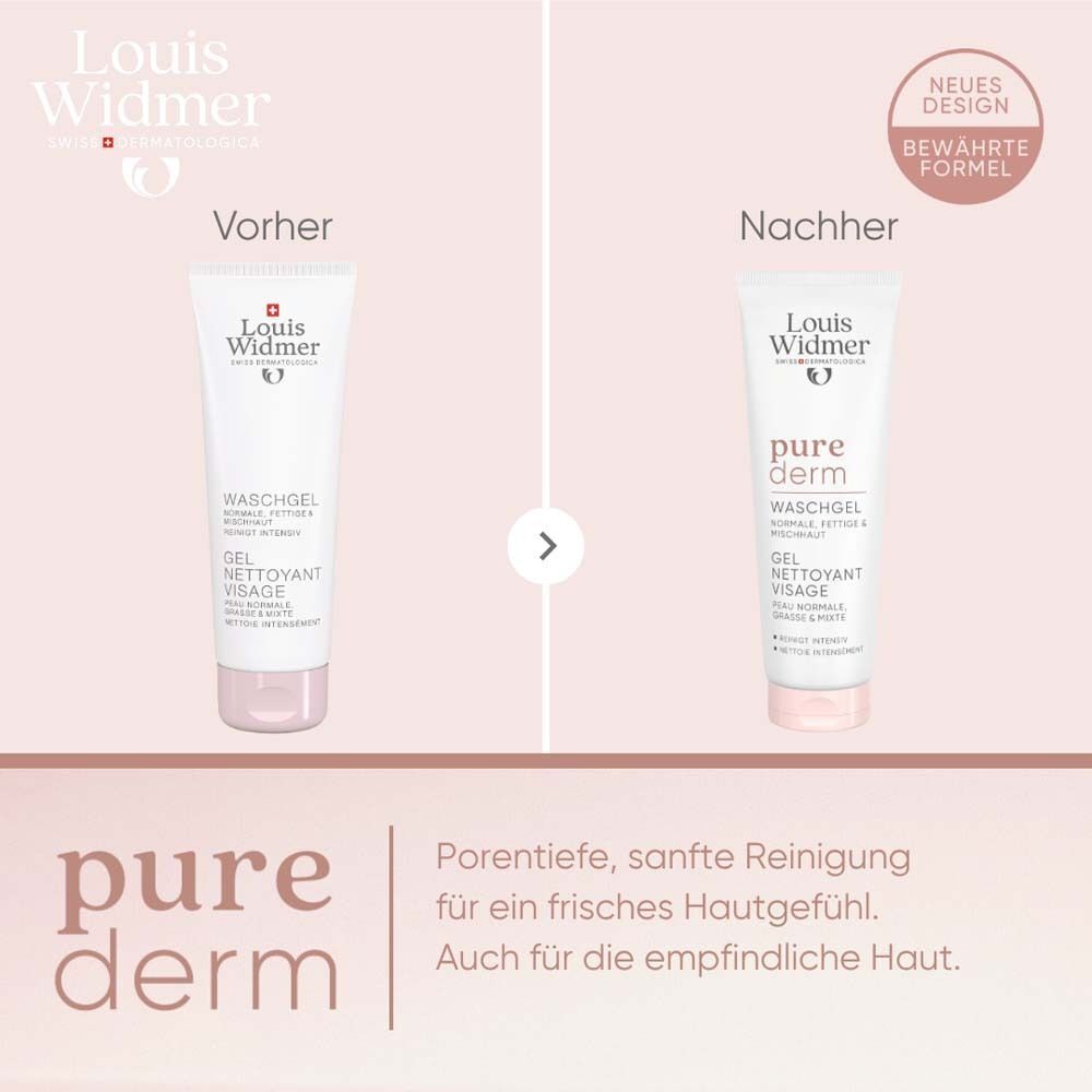Vergleich Vorher/Nachher. Links: Tube Waschgel. Rechts: Tube Waschgel. Text: Neues Design, bewährte Formel. Text: Purederm.