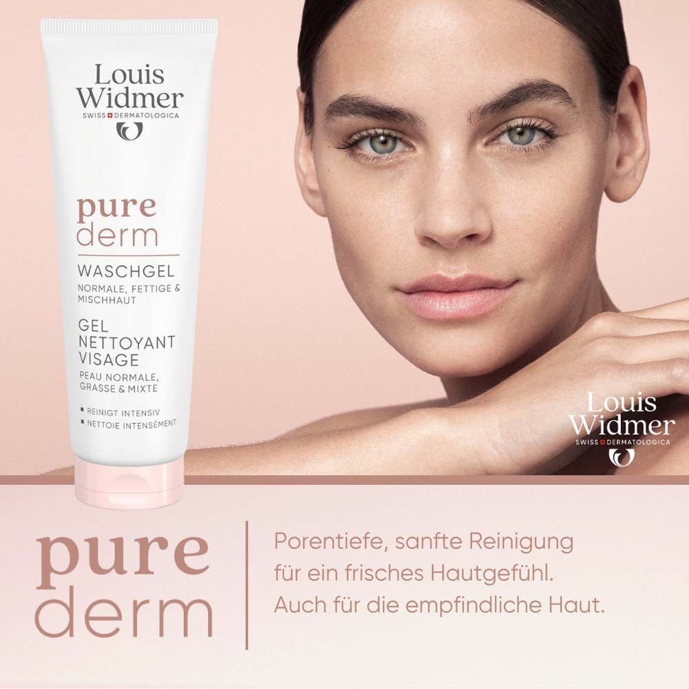 Frau mit Waschgel-Tube. Tube weiß, rosa Verschluss. Aufschrift: Louis Widmer, pure derm, Waschgel, Gel nettoyant visage.