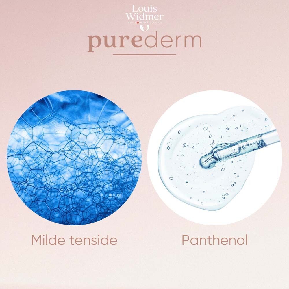 Zwei Abbildungen. Links: Blaue Blasen. Text: Milde Tenside. Rechts: Flüssigkeit mit Pipette. Text: Panthenol.