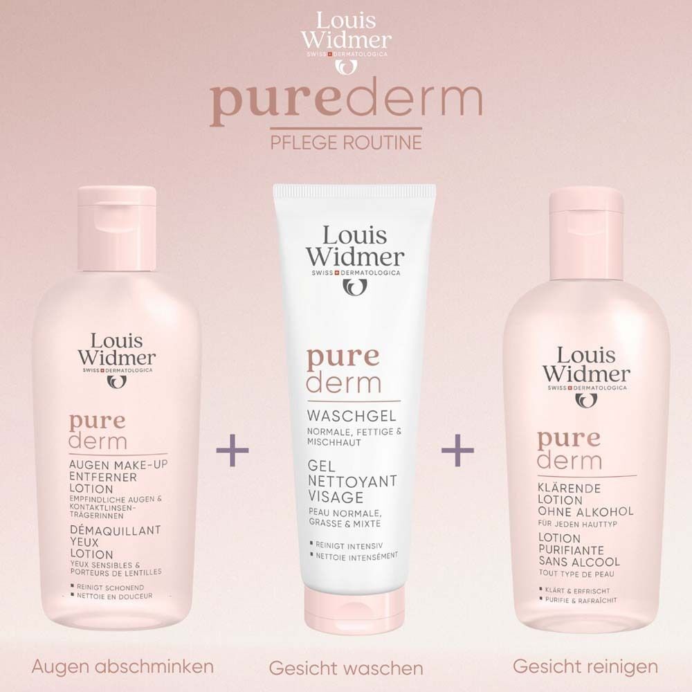Drei Produkte. Links: Augen Make-up Entferner. Mitte: Waschgel. Rechts: Klärende Lotion. Aufschrift: Louis Widmer, pure derm.