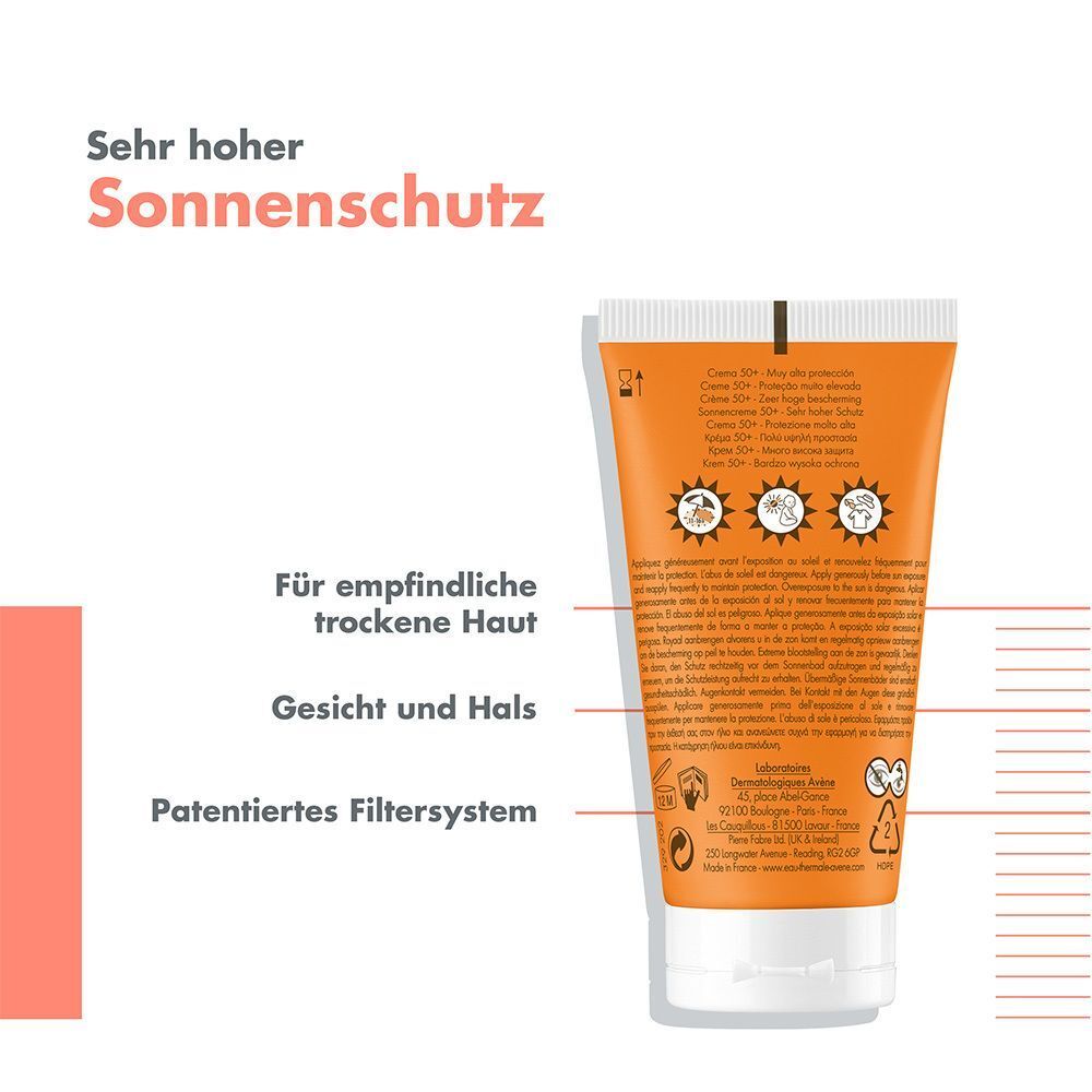 Rückseite einer orangefarbenen Sonnencreme-Tube. Text: AVENE, Sonnencreme, für empfindliche, trockene Haut. Zusätzliche Textinformationen.
