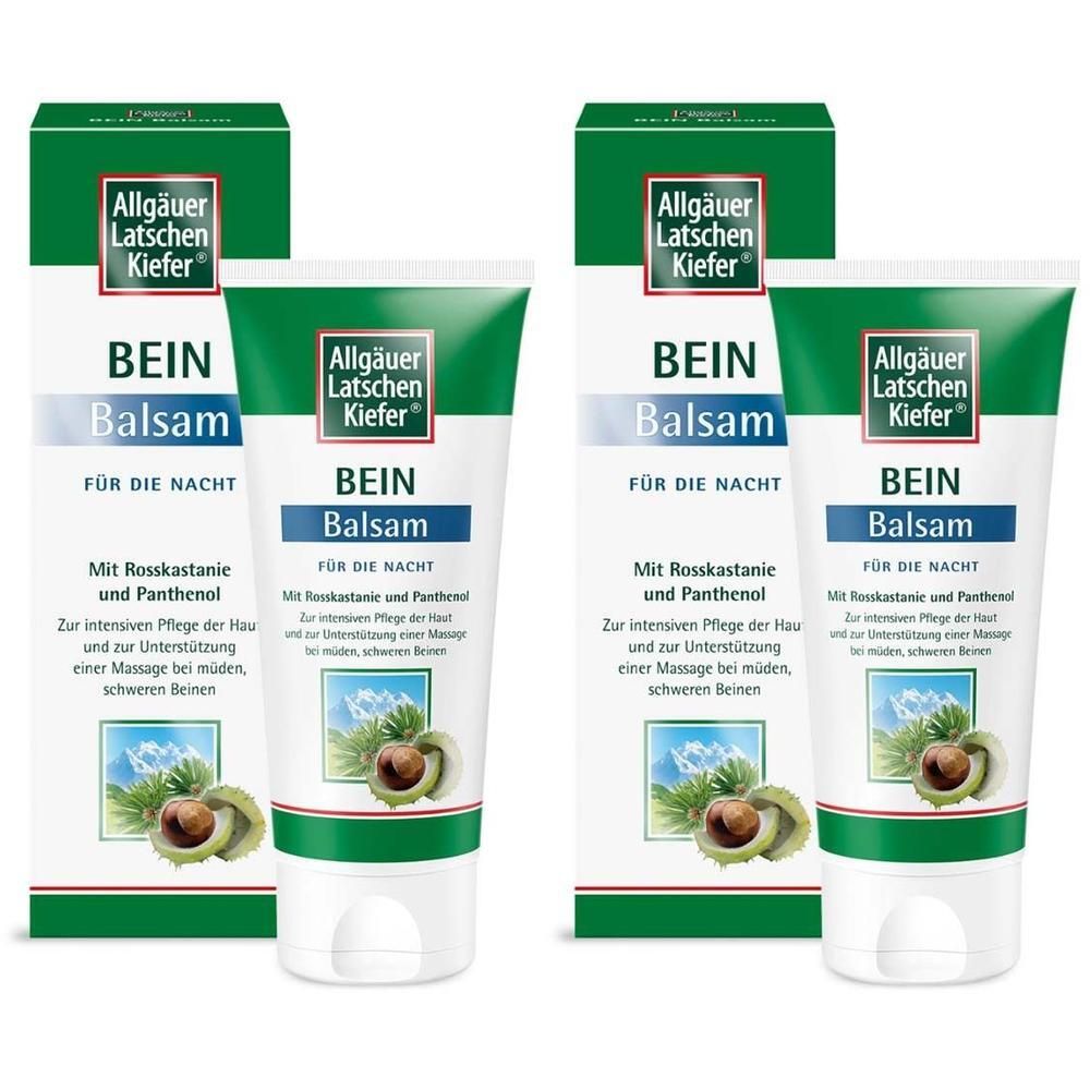 Zwei Tuben Bein Balsam und Verpackungen. Grün-weiße Tuben mit Text. Aufschrift: Bein Balsam für die Nacht. Mit Rosskastanie und Panthenol.