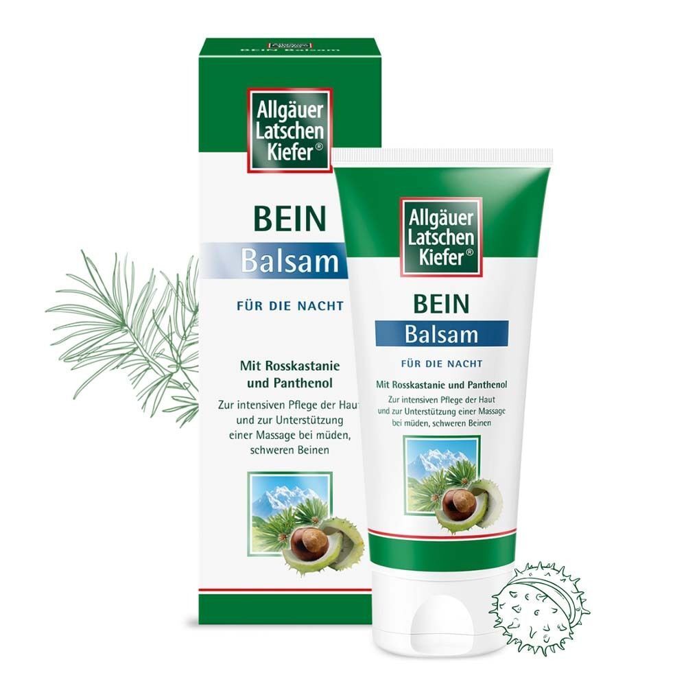 Tube Bein Balsam und Verpackung. Grün-weiße Tube mit Text. Aufschrift: Bein Balsam für die Nacht. Mit Rosskastanie und Panthenol. Kiefernadeln und Kastanie.