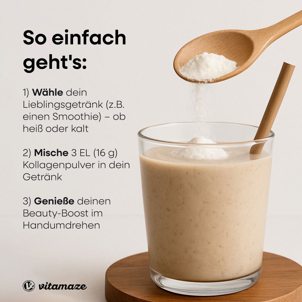 Anleitung: Kollagen Pulver in Getränk mischen. Glas mit Getränk, Löffel mit Pulver.