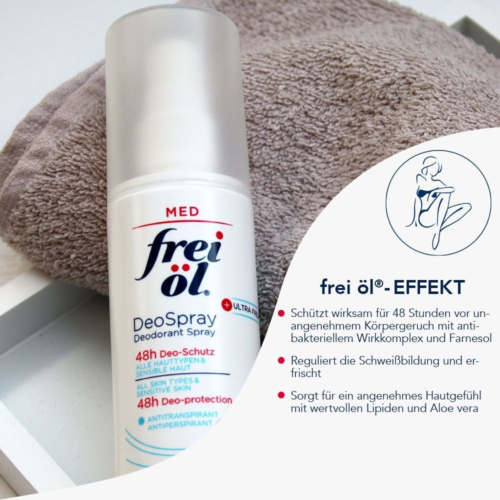 DeoSpray-Flasche neben Handtuch. Text: frei öl-Effekt. Schützt 48 Stunden, antibakteriell, reguliert Schweißbildung, angenehmes Hautgefühl.