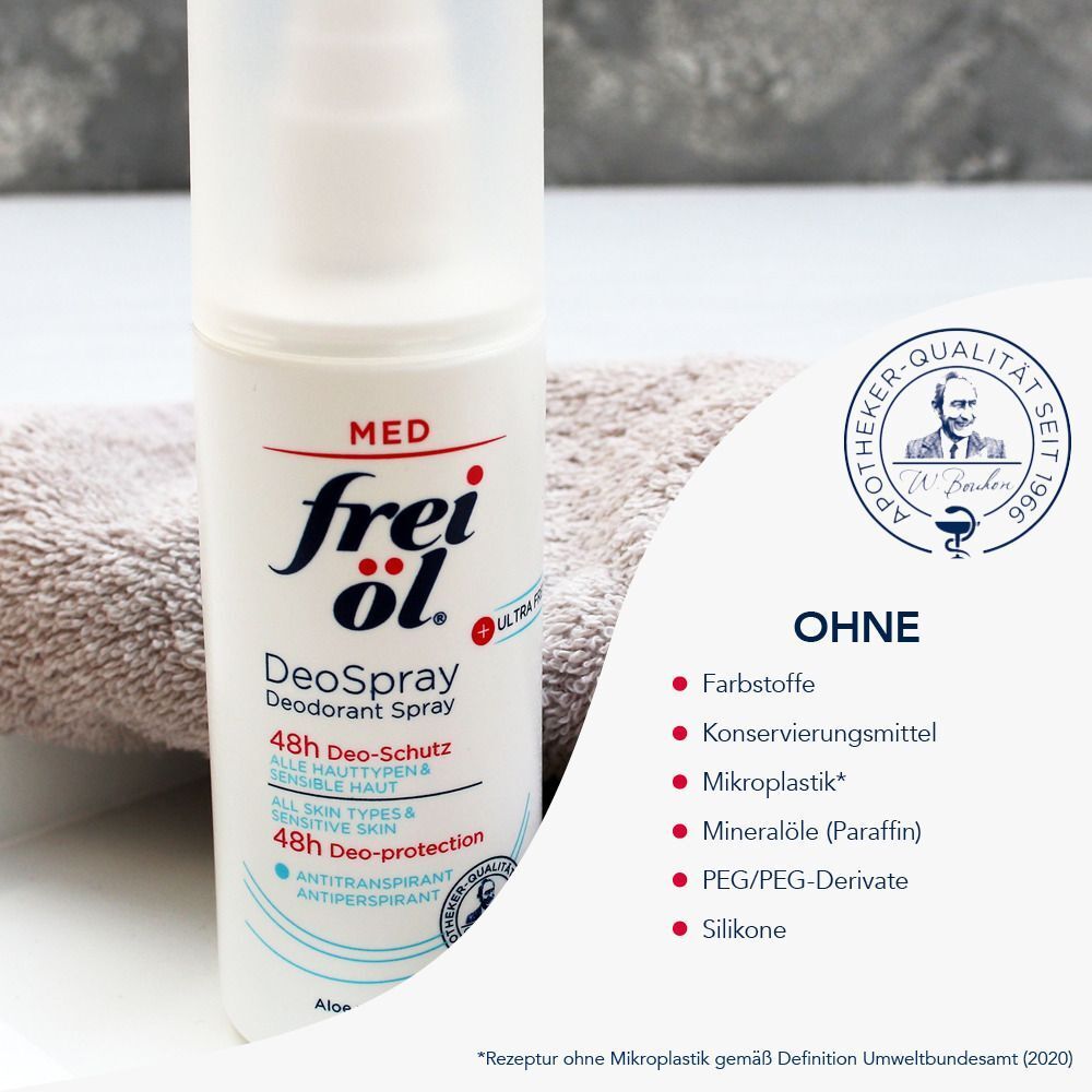 DeoSpray-Flasche neben Handtuch. Text: Ohne Farbstoffe, Konservierungsmittel, Mikroplastik, Mineralöle, PEG/PEG-Derivate, Silikone.