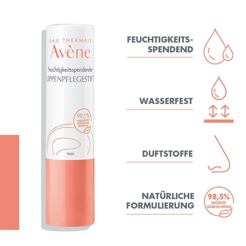 Lippenpflegestift. Weißer Stift mit rosa Basis. Aufschrift: Eau Thermale Avène, Feuchtigkeitsspendender Lippenpflegestift. 99,5% natürliche Inhaltsstoffe. Icons.