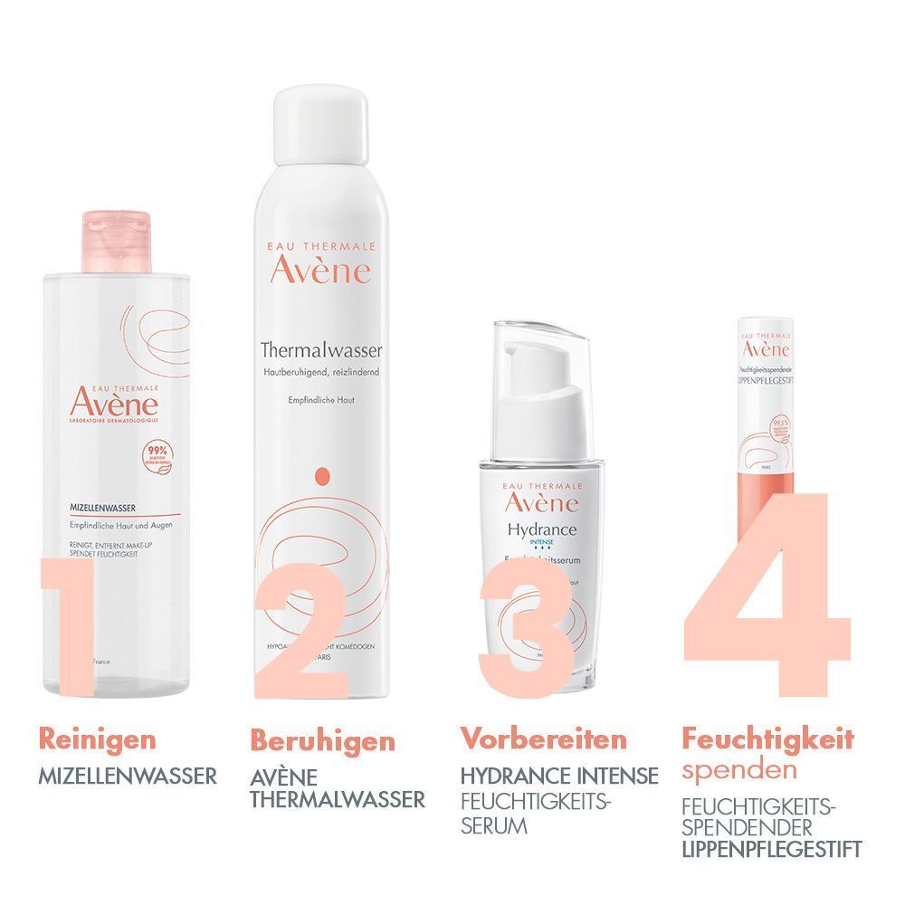 Vier Produkte. 1: Mizellenwasser. 2: Thermalwasser. 3: Hydrance Intense Serum. 4: Lippenpflegestift. Alle Produkte von Avène.