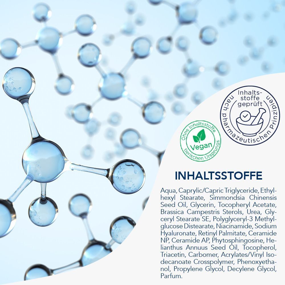 Nahaufnahme der Inhaltsstoffe. Text: Aqua, Caprylic/Capric Triglyceride, etc. Vegan-Siegel und pharmazeutische Qualität.