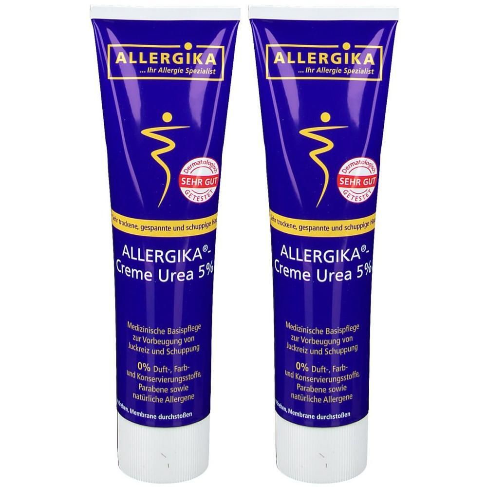 Zwei blaue Tuben ALLERGIKA Creme Urea 5%. Aufschrift: Medizinische Basispflege. Mit Zertifizierung. Weißer Schraubverschluss.